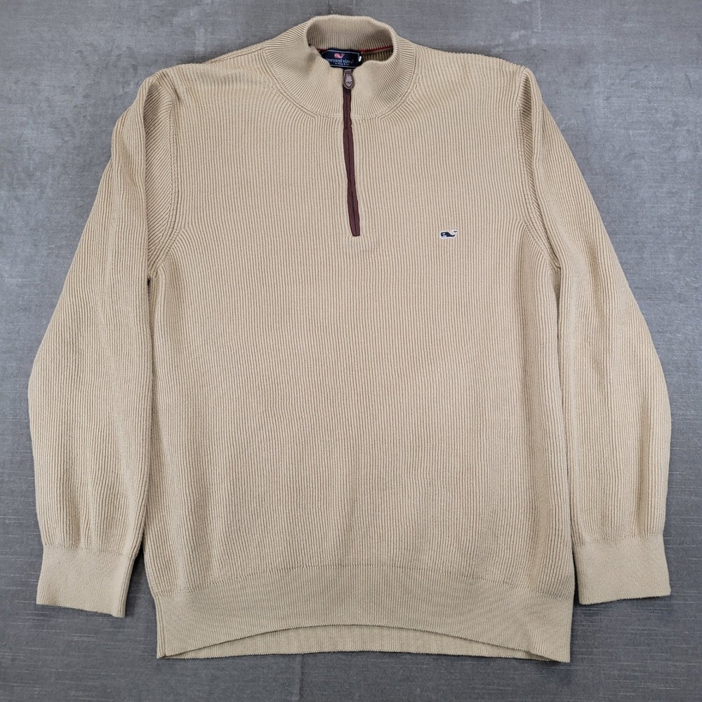 Vineyard Vines Mens XXL Tan Beige Ribbed Cotton Quarter Zip Pullover Sweater